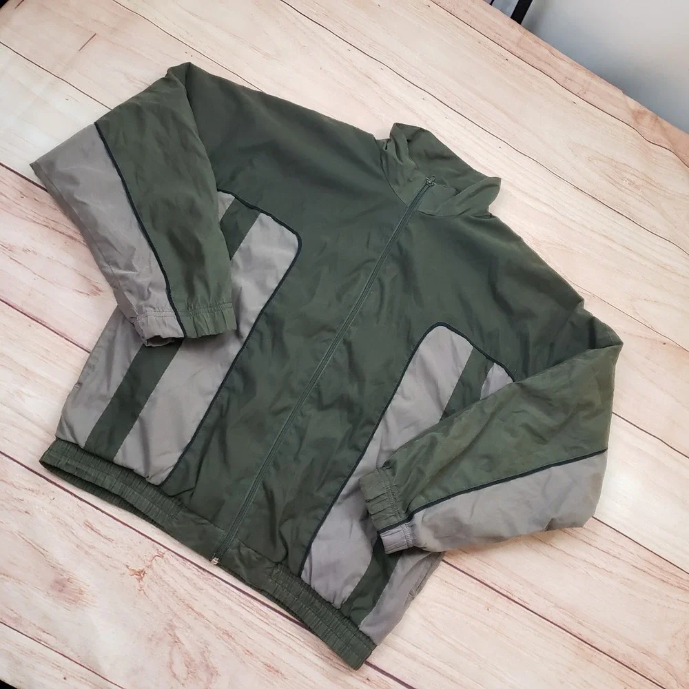 Vintage Penguin Sport Track Jacket Mens Large Olive Green Grey Colorblock Zip Up